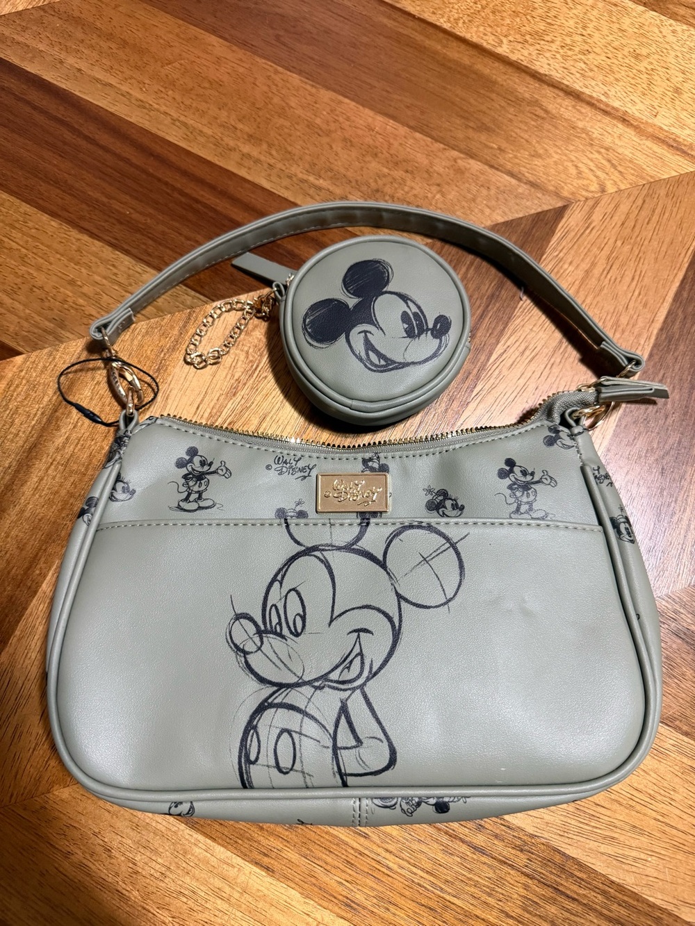 Disney Mickey Mouse Olive Green Sketch Crossbody Bag Purse Gold Zipper - Picture 2 of 7
